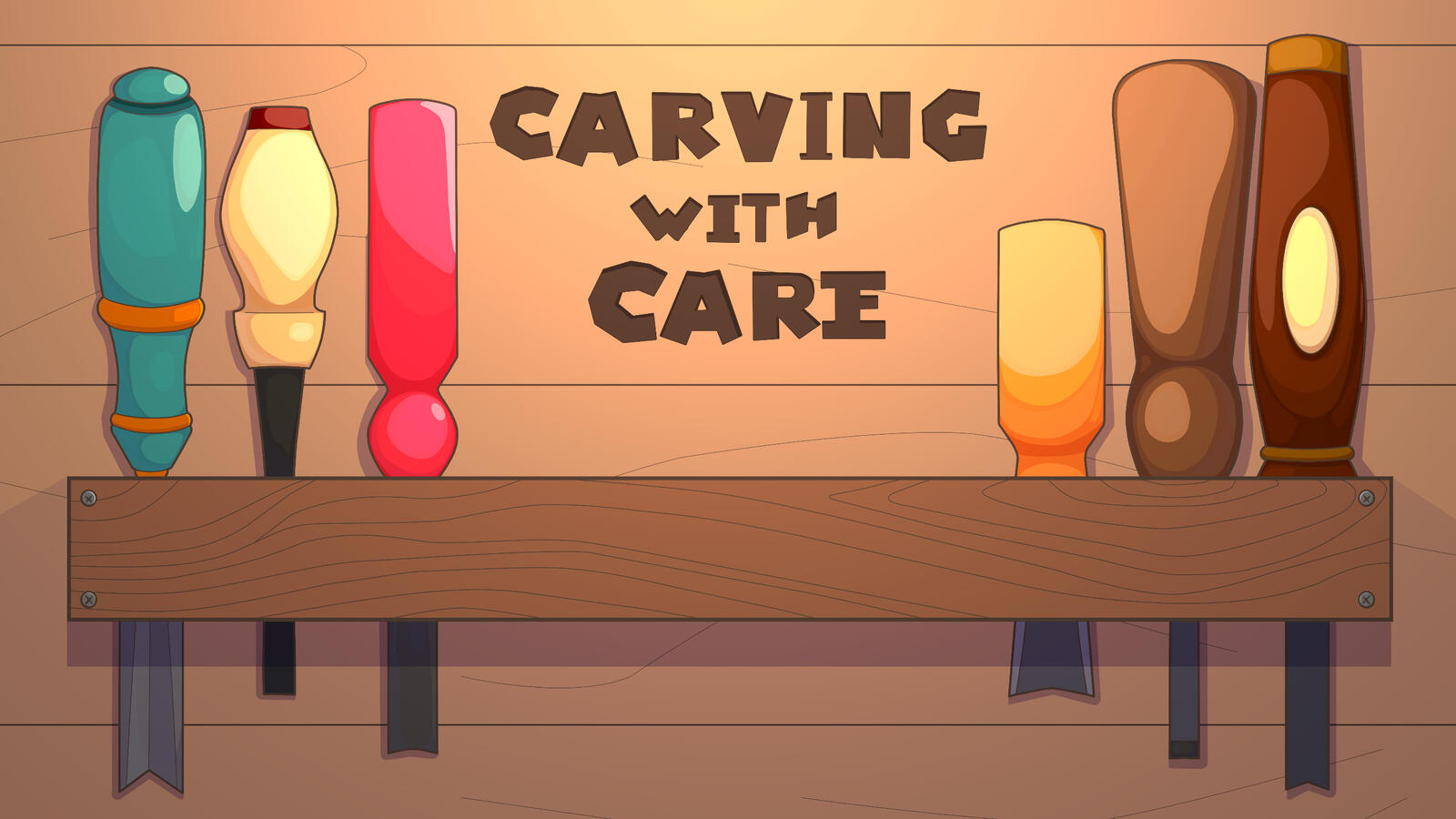 Title screen for the game "Carving with Care". 6 woodcarving tools are displayed along with the game title text.