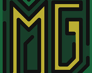 Game logo for the game "The Maze Gallery". Two narrow capital letters, M and G, are colored yellow and are designed to look like walls in a maze. Maze paths are filled in with a dark green color, and maze walls are outlined in black.