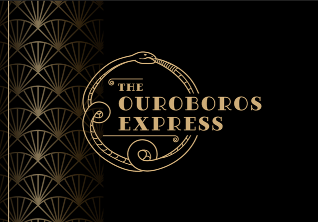 Title screen for the game "The Ouroboros Express". A snake eating its tail half-surrounds the title text, "The Ouroboros Express".