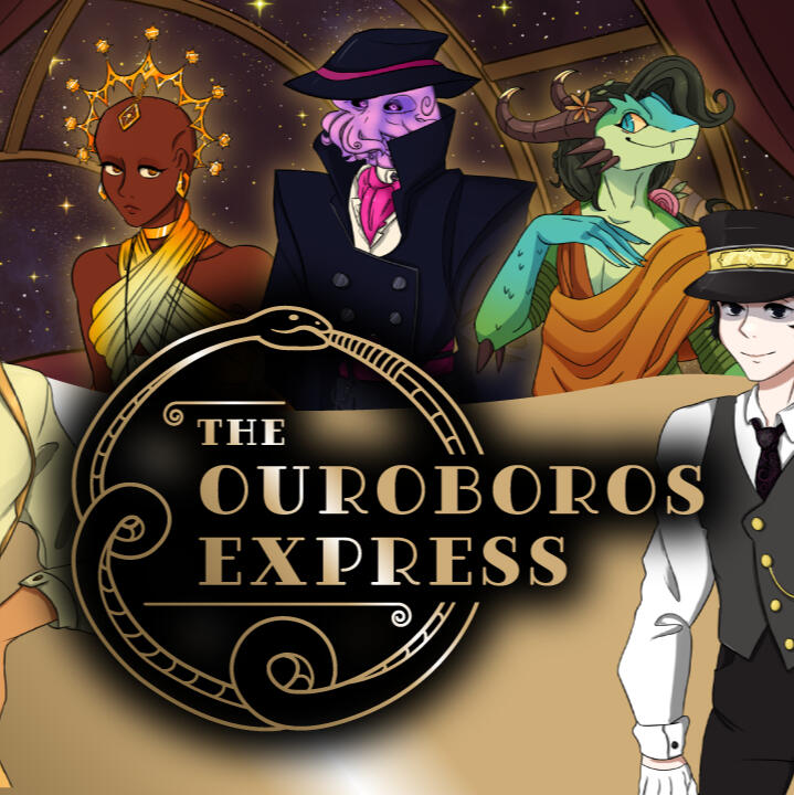Promo photo for "The Ouroboros Express", a fantasy romance visual novel. Depicts four of the five main characters along with the game logo (a snake eating its own tail circles the text "The Ouroboros Express").