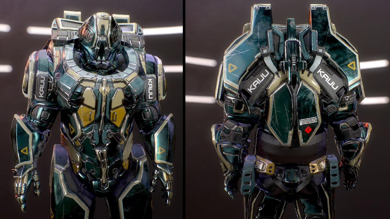 Front and back views of a futuristic teal-and-gold armor suit from the thighs up. A jet pack can be seen from the back view.
