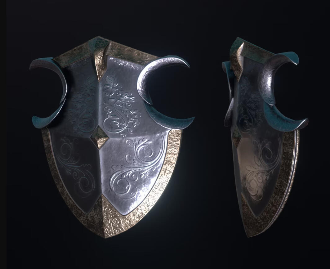 Image of a glistening shield face-on and in 3/4 profile view under dramatic lighting. The shield appears to be plated with gold and has many fine, swooping lines etched into its surface.