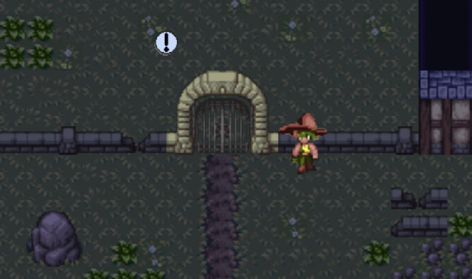 A gameplay screenshot from Moving In and Moving On. The player character, a witch, stands before a closed off gate with an exclamation point nearby. The lawn and nearby house are dark.