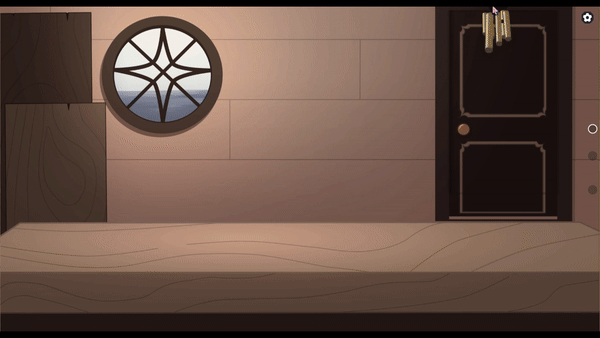 Carving with Care dialogue gif We are on the dialogue screen in the game "Carving with Care". To the left, a window looks out on the sea. To the right, wind chimes jingle and turn green when a new customer dialogue is ready. The first customer is a grumpy elderly white fisherman.