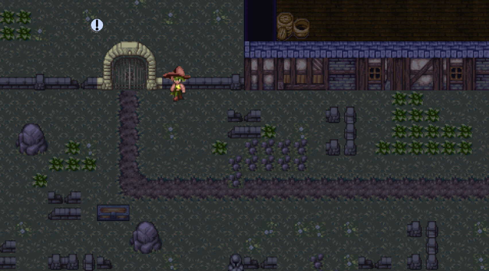 Moving In and Moving On gameplay screenshot A gameplay screenshot from Moving In and Moving On. The player character, a witch, stands before a closed off gate with an exclamation point nearby. The lawn and nearby house are dark.