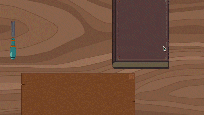 Carving with Care gameplay gif We are in the workbench scene in the game "Carving with Care". On the left edge of the workbench is a teal chisel. On the upper right half of the workbench is a rune journal with instructions. On the bottom left half of the workbench is a carving surface.